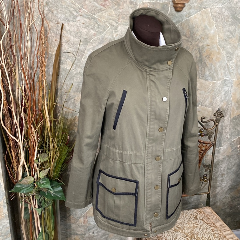 Veronica Beard cargo utility jacket coat cardigan wrap olive green, black trim